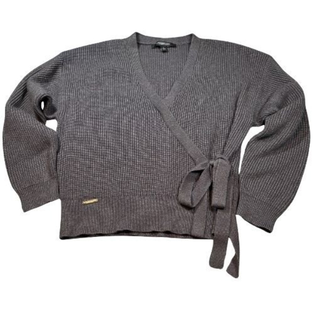 Marc New York Andrew Marc Gray Ribbed Wrap Cardigan Sweater L Side Tie Surplice